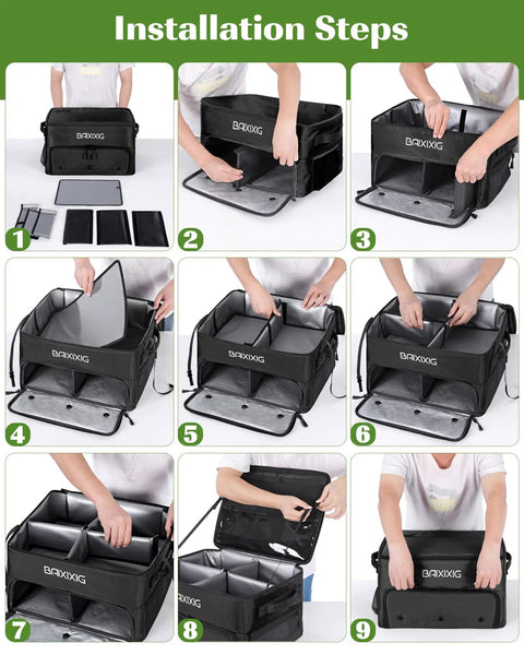 Installation steps for Golf Trunk Organizer With Two-Layer Storage And Shoe Pocket, Durable EVA Construction, Black.