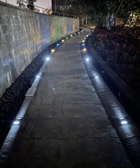 Solar Powered Driveway Deck Lights No Wiring Needed Outdoor LED Pathway Markers IP68 Waterproof Blue 6 Pack illuminating walkway