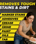 Woman using Heavy Duty Multi Purpose Wipes For Tools Hands Glass And Stainless Steel Pre Moistened Streak Free Extra Strong Cleaning Wipes