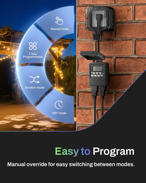 Outdoor Heavy Duty Digital Programmable Timer With Two Grounded Outlets, Waterproof, 7 Day Scheduling, 8 On And Off Programs, Easy Set And Go For Christmas Lights, 15A 0.5HP, ETL Listed