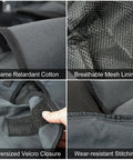 Close-up of Heat Resistant Welding Hood Neck Protection showing flame retardant cotton, mesh lining, Velcro closure, and stitching.