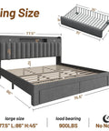 Top Shelf King Size Bed Frame With Four Sleek Rolling Storage Drawers And Wing Headboard In Charcoal Dark Grey with dimensions.