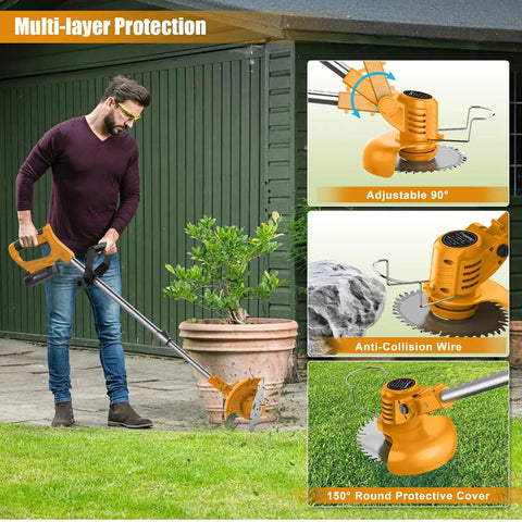 Person using Cordless 21V String Trimmer with 2x2.0Ah Batteries, showcasing adjustable design and protective features