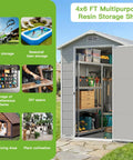 4x6 Ft Outdoor Storage Shed with Floor and Window, Resin, Waterproof, showcases organized tool and seasonal item storage.