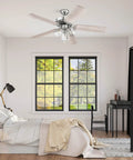 Bedroom with 52 Inch Indoor Ceiling Fan With Light And LED, Tri Mount 5 Blade Modern Farmhouse Style in gray oak and brown walnut.