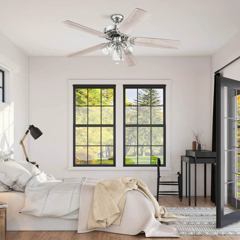Bedroom with 52 Inch Indoor Ceiling Fan With Light And LED, Tri Mount 5 Blade Modern Farmhouse Style in gray oak and brown walnut.