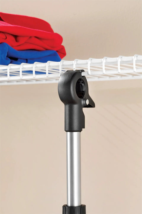 Heavy Duty 2 Shelf 2 Rod Closet System silver epoxy frame detail with wire shelving and folded clothes
