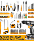 20V Cordless Power Drill Kit with battery and case for DIY home repairs and furniture assembly, tools layout with drill, bits, and accessories