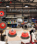Front view: Three red-hub wire wheel and cup brushes for 4-1/2 in grinders; carbon steel bristles.