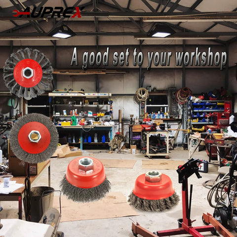 Front view: Three red-hub wire wheel and cup brushes for 4-1/2 in grinders; carbon steel bristles.