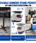Heavy Duty Grinding Station Pedestal With Industrial Grade Locking Swivel Caster Wheels, showcasing adjustable feet and 360° swivel base.