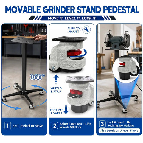 Heavy Duty Grinding Station Pedestal With Industrial Grade Locking Swivel Caster Wheels, showcasing adjustable feet and 360° swivel base.