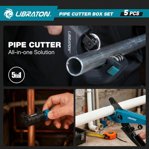 LIBRATON 5-piece pipe cutter box set; blue handheld tool for copper, PEX and PVC pipes (front view).