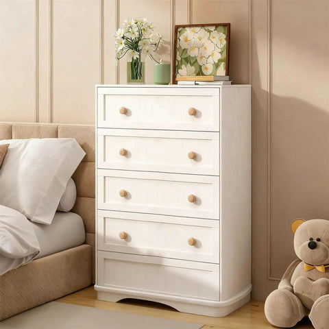 White dresser with Six Pack Wood Cabinet Knobs Set With 1.77 Inch Mushroom Style Dresser Pulls, next to pillow and teddy bear
