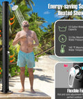 Man using Solar Heated Outdoor Shower With 10 Gallon Tank 360 Degree Rotating Shower Head Foot Tap Freestanding 7.2 Ft Kit