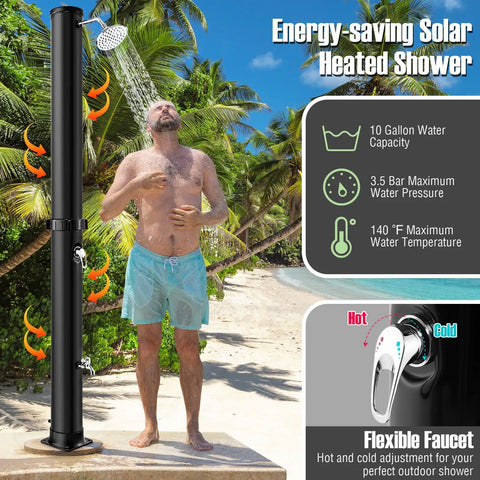 Man using Solar Heated Outdoor Shower With 10 Gallon Tank 360 Degree Rotating Shower Head Foot Tap Freestanding 7.2 Ft Kit