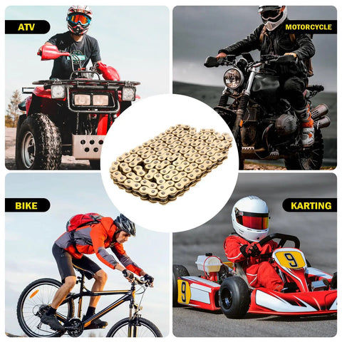 520 X Ring Drive Chain 130 Links With Master Link For Motorcycle Go Karts Mini Trail Bike And Bicycle Ultra Durable Universal Fit Weatherproof Performance For Wet Muddy And Dusty Rides, shown with various vehicles.