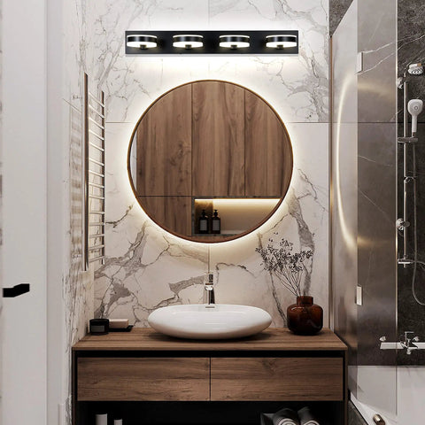 Bold Black 33 Inch LED Vanity Light Four Light Modern Acrylic Wall Sconces With 350 Degree Rotatable Over Mirror in a bathroom setup