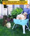 Man washing dog outdoors using Camping Ready Portable Propane Tankless Water Heater On The Go Outdoor Use 1.58 GPM 6L