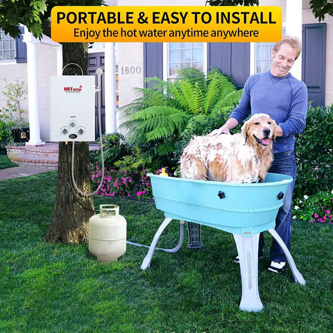 Man washing dog outdoors using Camping Ready Portable Propane Tankless Water Heater On The Go Outdoor Use 1.58 GPM 6L