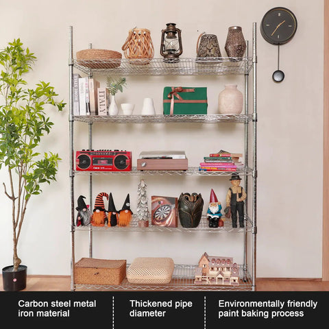 Heavy Duty 5 Tier Chrome Wire Shelving Rack Extra Tough Steel Storage Shelf Built Like A Tank Rust Resistant Pantry Organizer 48 Inch Wide 350 Pound Capacity Game Changer For Home Garages Workspaces