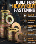 Heavy Duty Grade 8 SAE Flat Washer Set 150 Pcs Kit With 30 Pieces Each In Quarter Inch Five Sixteenths Inch Three Eighths Inch Seven Sixteenths Inch And Half Inch Alloy Steel Washers Built To Last Tough As Nails For DIY Auto Home Projects, yellow zinc plated washers