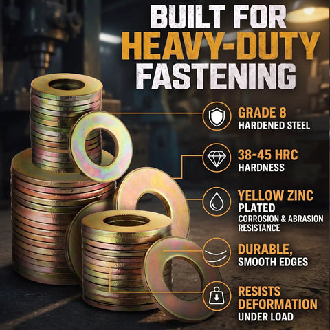 Heavy Duty Grade 8 SAE Flat Washer Set 150 Pcs Kit With 30 Pieces Each In Quarter Inch Five Sixteenths Inch Three Eighths Inch Seven Sixteenths Inch And Half Inch Alloy Steel Washers Built To Last Tough As Nails For DIY Auto Home Projects, yellow zinc plated washers
