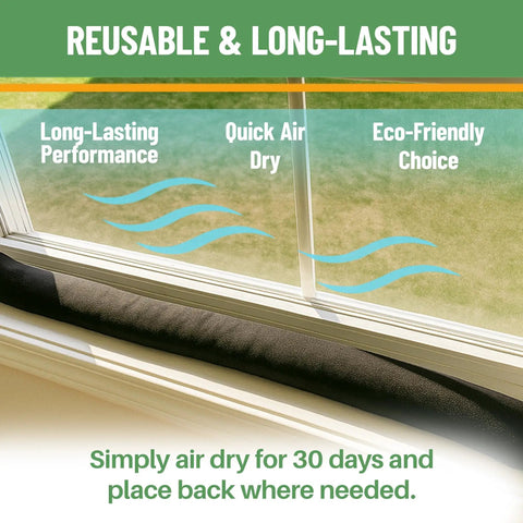 Water Absorber Snake Sock 4 Pack Reusable Leak Barrier for Doors Windows Tubs Drains and Basements shown in window sill