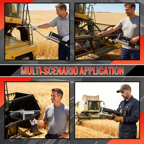 Multi-scenario use of Powerful 12000 PSI Cordless Grease Gun Kit With Dual Mode Operation on farm equipment