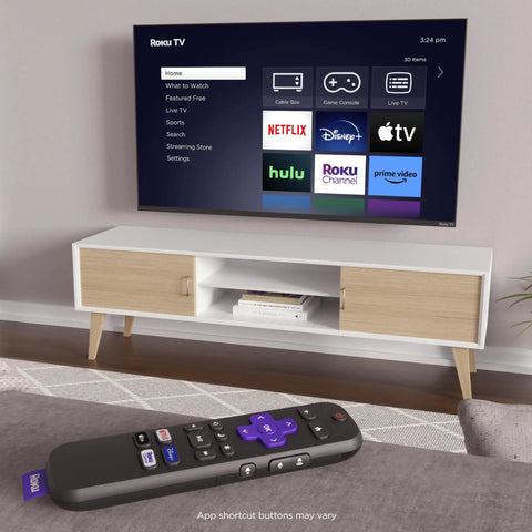 Replacement TV Remote For Roku TV Models Only With No Fuss Setup And Pre Set App Shortcuts Official Manufacturer Quality Remote shown on table