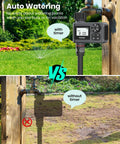 Comparison of yard with No Fuss Easy Set And Forget Outdoor Hose Faucet Timer With Rain Delay on top, without timer on bottom.
