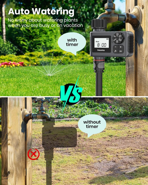 Comparison of yard with No Fuss Easy Set And Forget Outdoor Hose Faucet Timer With Rain Delay on top, without timer on bottom.
