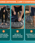 Wetsuit Changing Mat And Dry Bag For Surfing And Kayaking All In One 30 Inch Leakproof Gear Mat in use steps