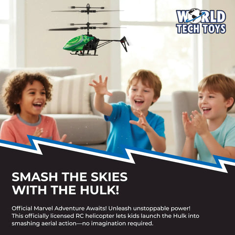 Hulk Themed RC Helicopter With Easy Fly Remote Control, LED Lights, flying indoors with children playing, durable polymer body