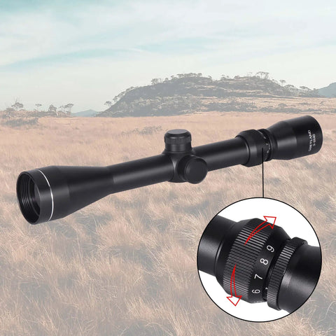 Rifle Scope 3-9x40 SFP With R4 Crosshair Reticle And Ring Mounts for Air Guns and Airsoft setup, focus on adjustment knob