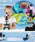 Kid Friendly Microscope With 40X-2500X Magnification, 4.3 Inch Display, accessories, and child using the microscope, black