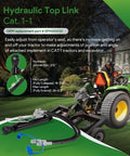 Heavy Duty Hydraulic Top Link Kit For Category One Tractors And Implements With Locking Block Built Tough And Adjustable From 18 1/8 To 26 3/8 Inches Includes Two Hoses And Two Way Check Valve Cylinder For Tractors And Excavators shown installed on a tractor