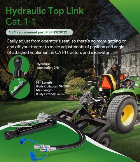 Heavy Duty Hydraulic Top Link Kit For Category One Tractors And Implements With Locking Block Built Tough And Adjustable From 18 1/8 To 26 3/8 Inches Includes Two Hoses And Two Way Check Valve Cylinder For Tractors And Excavators shown installed on a tractor