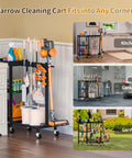 3 In 1 Cleaning Organizer Cart With Wheels And Vacuum Stand in kitchen, garage, garden settings, featuring 3 tier shelves and mop hangers