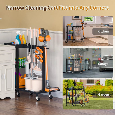 3 In 1 Cleaning Organizer Cart With Wheels And Vacuum Stand in kitchen, garage, garden settings, featuring 3 tier shelves and mop hangers