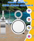 Powerful 1000LBS Double Sided Neodymium Magnet Fishing Kit With 20m Rope And Protective Gloves Beast Ready Heavy Duty Magnetic Treasure Hunting Gear For River Lake And Dockside Finds, showing magnet dimensions