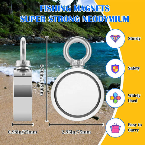 Powerful 1000LBS Double Sided Neodymium Magnet Fishing Kit With 20m Rope And Protective Gloves Beast Ready Heavy Duty Magnetic Treasure Hunting Gear For River Lake And Dockside Finds, showing magnet dimensions
