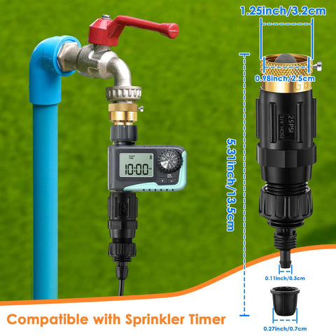 Copper Drip Irrigation Faucet Adapter Kit For Home Gardens With 25 PSI Backflow Preventer and Digital Timer Setup