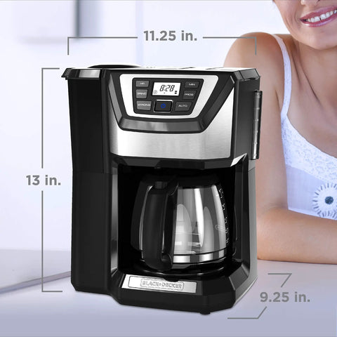 12 Cup Coffee Maker With Built In Grinder And Brew System For Fresh Ground Coffee Every Morning Programmable Auto Start Easy To Use Black Finish on countertop.