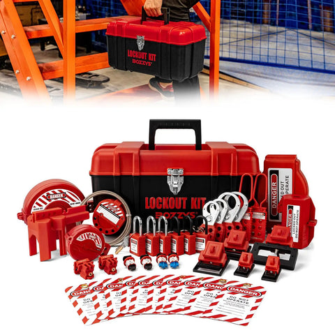 Grab And Go Lockout Tagout Kit With 39 Pack OSHA Compliant Locks And Red Double Decker Toolbox For Industrial Electrical Breakers