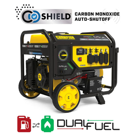 Beast 11500 Watt Dual Fuel Portable Generator With Electric Start showing CO Shield feature and dual-fuel capability.