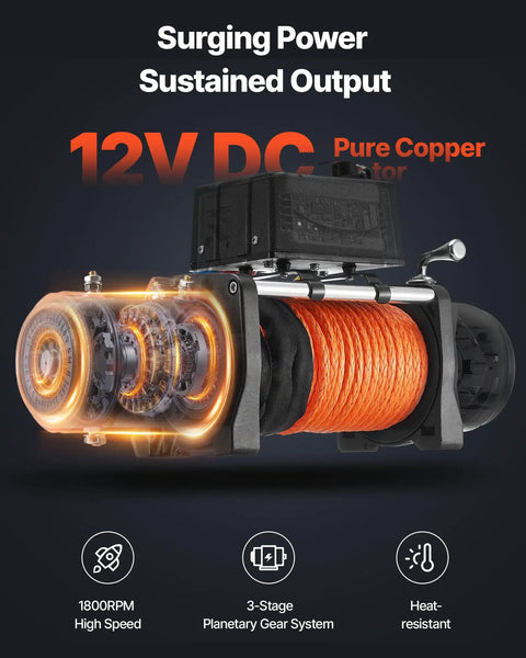 Beefy 13,500 Lb Electric Winch For Off Road Rigs And Trucks 12V DC Three Eighths Inch X 80 Ft Synthetic Rope Aluminum Fairlead