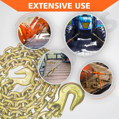 G80 Heavy Duty Transport Binder Chain Half Inch By 20 Foot With Clevis Grab Hooks, 12,000 Lbs Safe Working Load in various uses