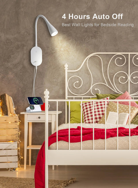 LED Wall Mount Bedside Reading Light With USB Output next to a bed with decorative pillows and a white headboard