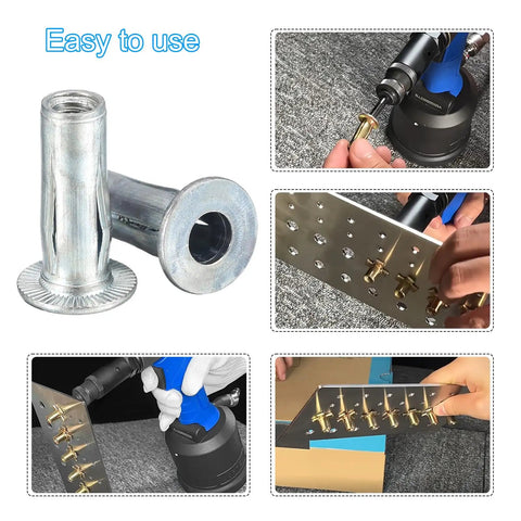 Beefed-Up Heavy Duty 1/4-20 Multi Grip Rivet Nuts Set, showing threaded insert applications in metal panels